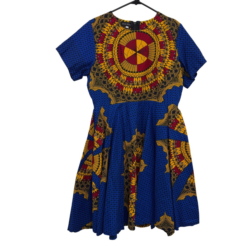 Mae Otti Dress Womens Large Blue African Wax Print Mandala Pleated Pockets *